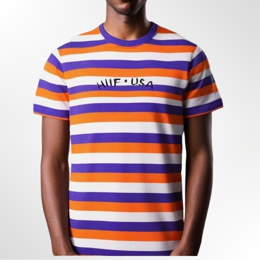 HUF | Knit USA‎ Orange, Purple, White Stripe Mens T-Shirt Cotton Size XL